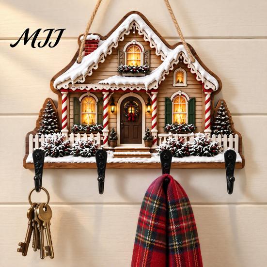 Key Hanger for Wall 2D Flat Christmas Wooden Rack, Hanging Holder with 4 Storage Entrance Hooks, Holiday Plaque Rope Home Decor