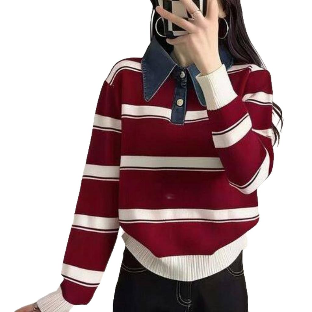 Age-reducing contrasting stripes long-sleeved Polo collar women's 1011 new autumn and winter lazy style Korean versatile sweater