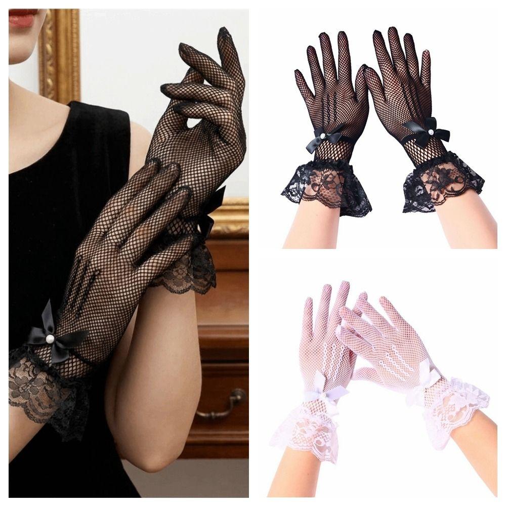 Lace Women Driving Gloves Five-finger Wedding Gloves Elegant Fishnet Mittens Summer