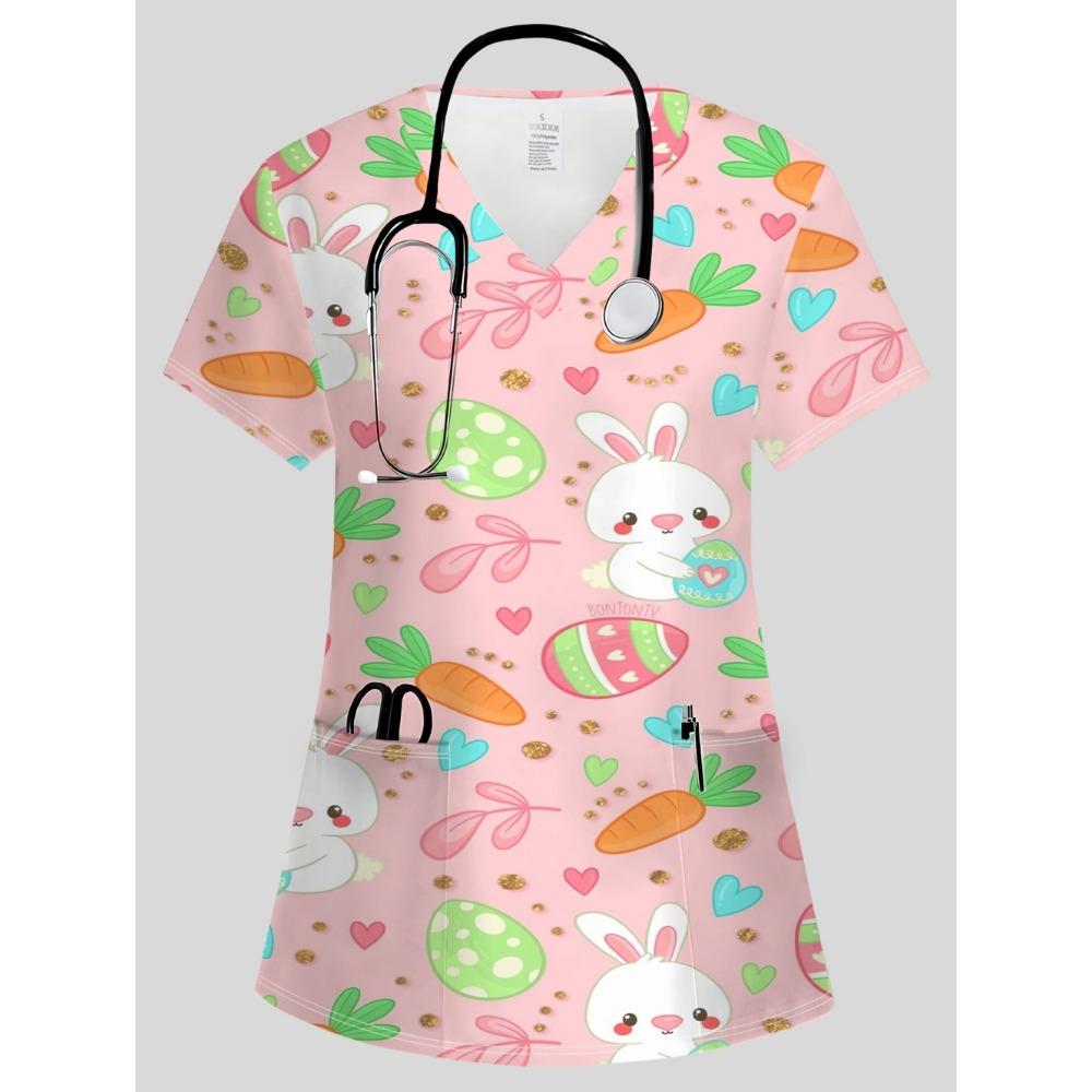 Clinical Uniform Woman Vet Easter Themed Print Top Summer Elegant V-Neck Short Sleeve with Pockets Dentist Scrubs Uniform Woman