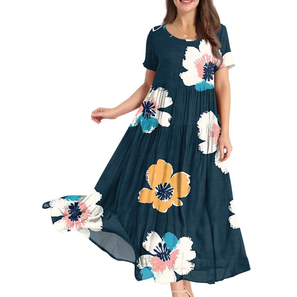 Dámské letní šaty s kulatým výstřihem, krátkým rukávem, květinovým potiskem, boho, volné