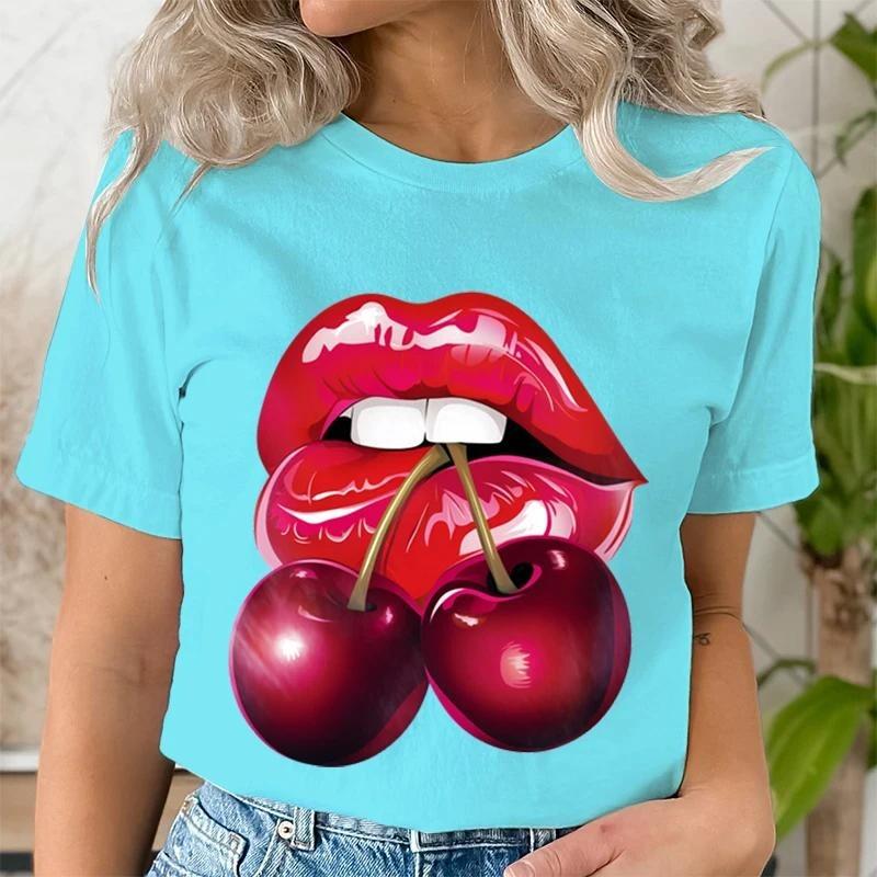 Summer Fashion Women's T-Shirt Lips Cherry 3D Printed Short Sleeve Tops Girl Loose Casual Loose Oversize Outdoor Clothing