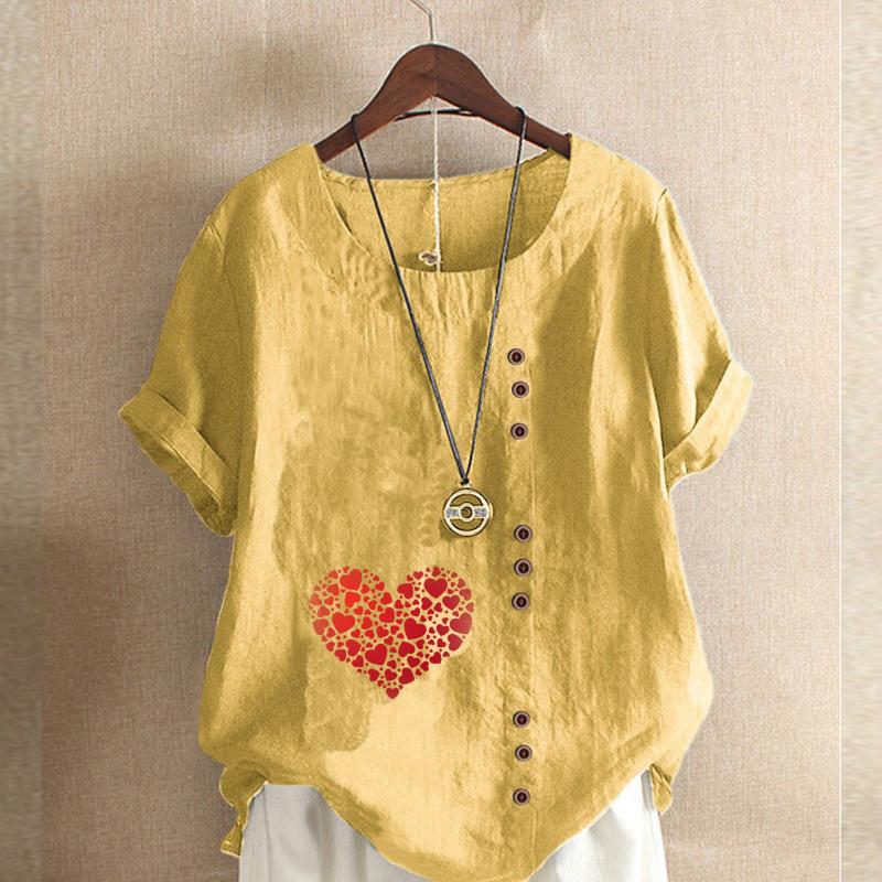 Women's Fashion Round Neck Short Sleeve T-shirt Casual Cotton Linen Graphic Shirt Leisure Loose Heart-shaped Prined Summer Blouse Tops