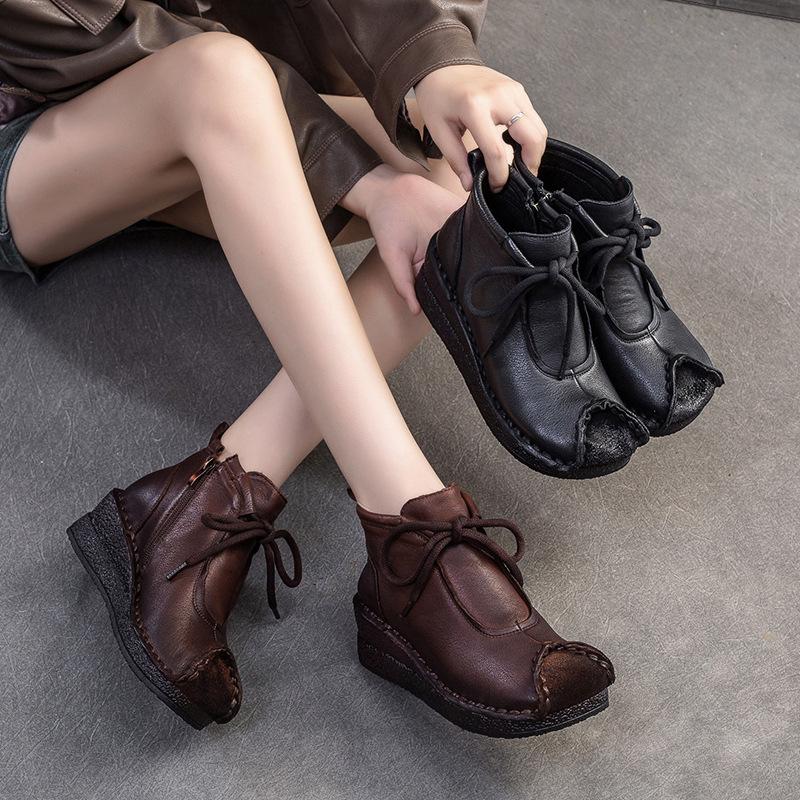 Fashion GKTINOO 2025 Autumn Winter New Retro Handmade Ankle Boots Genuine Leather Round Toe Women's Wedges Shoes