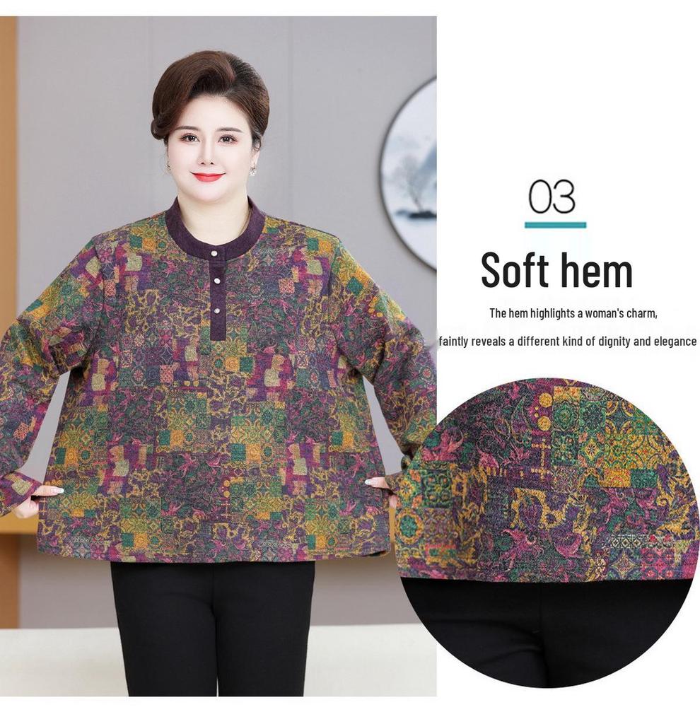 Mom's Plus Size Velvet Thickened Long-Sleeve T-shirt for Middle-Aged & Elderly Women, Warm Round Neck Top