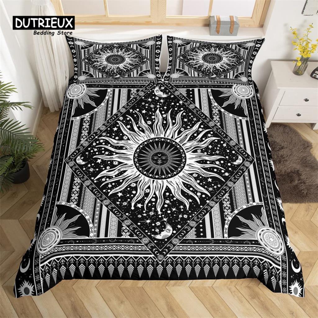 Comforter Sun And Moon King Queen Starry Sky Galaxy Trippy Bedding Set For Kids Adults Microfiber Boho Geometric