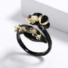 Eleganter schwarzer Goldring für Frauen, Blattform-Schmuck, hochwertiger Anwesenheitsbankett-zweifarbiger Schmuck, Perlenring, verstellbarer Schmuck, Party-Ring
