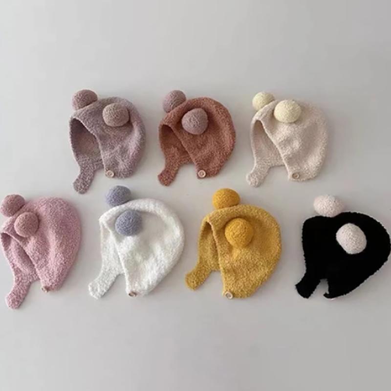 Cute Winter Warm Kids Baby Hats Fleece Hemming Caps With Ball Ear Protection Hats Soft Newborn Bonnet For Boys Girls