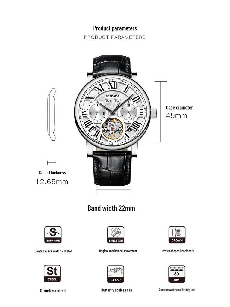 BINKADA Herrenmode Skelett Mechanisch Leuchtend Wasserdicht Uhr