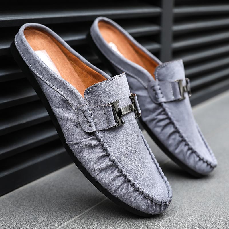 2025 New Men's Slippers Leather Summer Flat Bottom Outdoor Non Slip Comfortable Luxury Trendy Set Wearing Half Slippers 39-44
