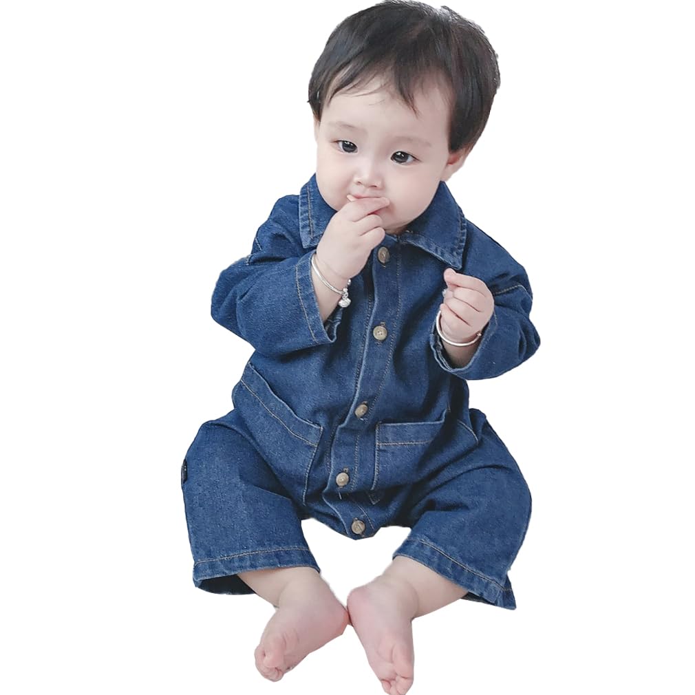 Baby Clothes Denim Romper Kids Girls Boys Overalls Romper Baby Kids Denim Front Opening Long Sleeves Baby Shower Outing 01 [Icyrain] All-in-one (90cm,