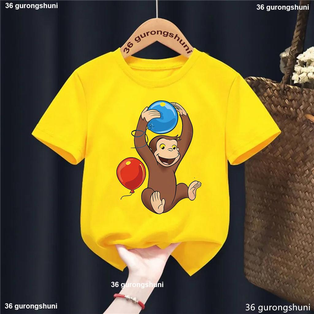 Summer Cute Children's Clothing Curious George Monkey Cartoon Print Yellow T-Shirt