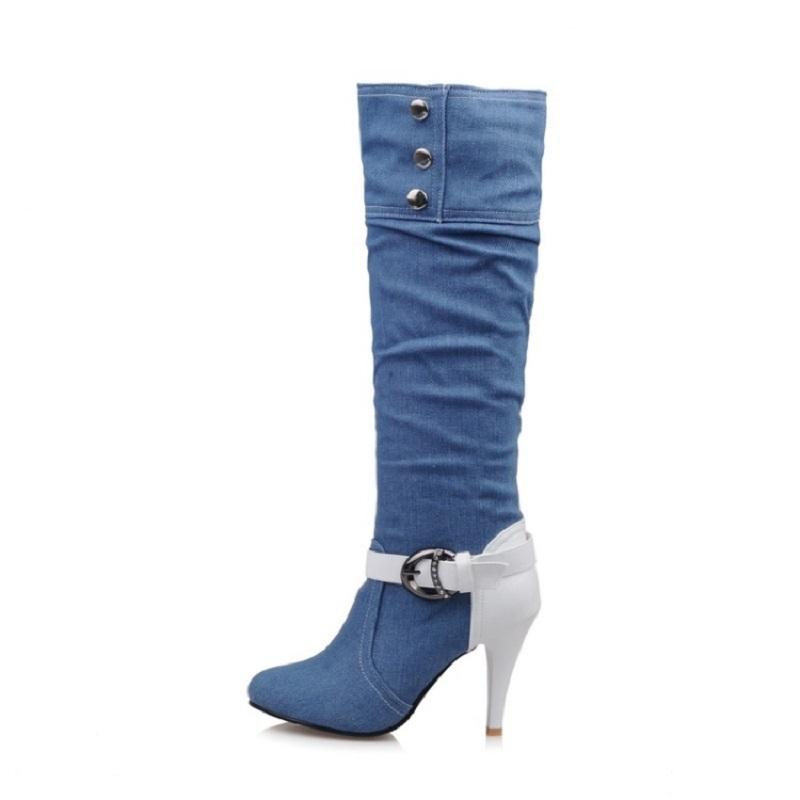 Fashion XJRHXJR Plus Size 34-43 Pointed Toe Women Spring Autumn Winter High Heels Denim Knee High Boots Lady New Fashion Jean Long Boots