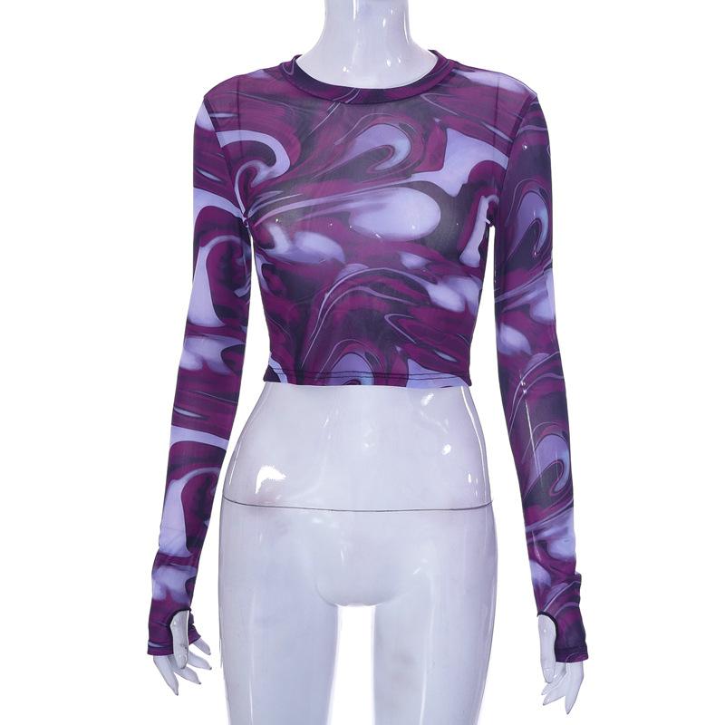 Dámské tričko se síťovinou s dlouhým rukávem vázanka s výstřihem do O Nepravidelný dělený svetr Dámské Ležérní Tenké tričko Top