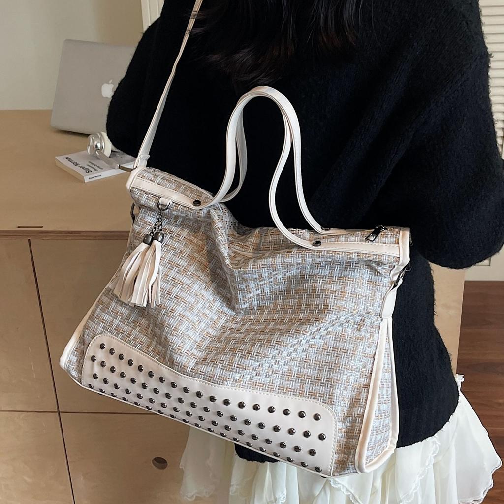 Woolen Plaid Hand-held Big Bag Women's 2025 New Fashion Large-capacity Tote Bag Retro Shoulder Messenger Bag Tide
