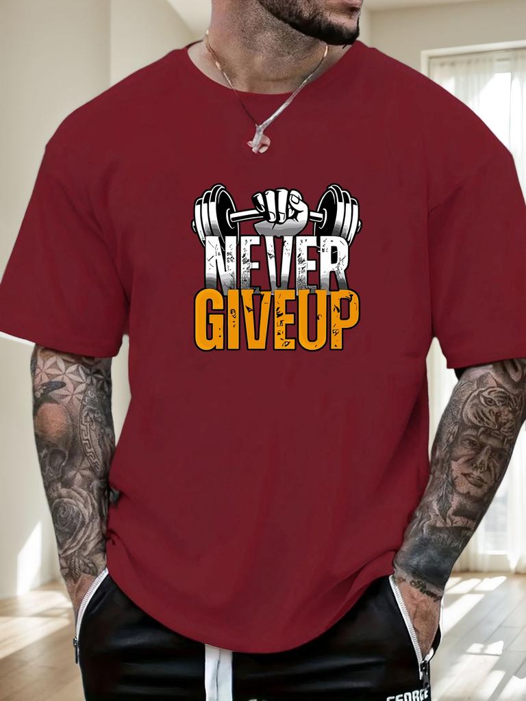 Gym Tshirt 2025 Summer Essential Mens Comfy Everyday Trendy Never Give Up Barbell Print 100 Cotton Short Sleeve Casual Top