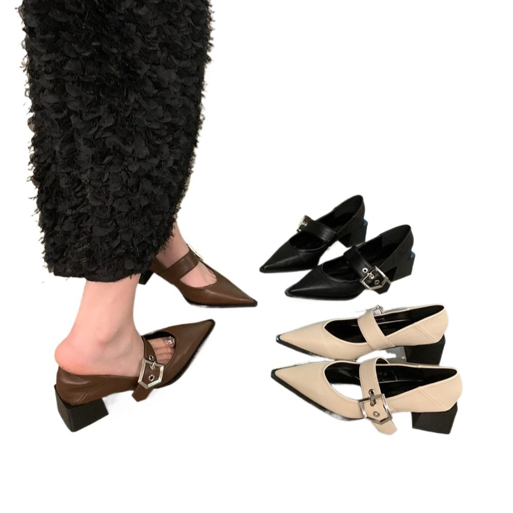 Fashion Retro Pointed Mary Jane Small Leather Shoes for Women 2024 Autumn and Winter New Korean Version of Chunky Heel Loafers