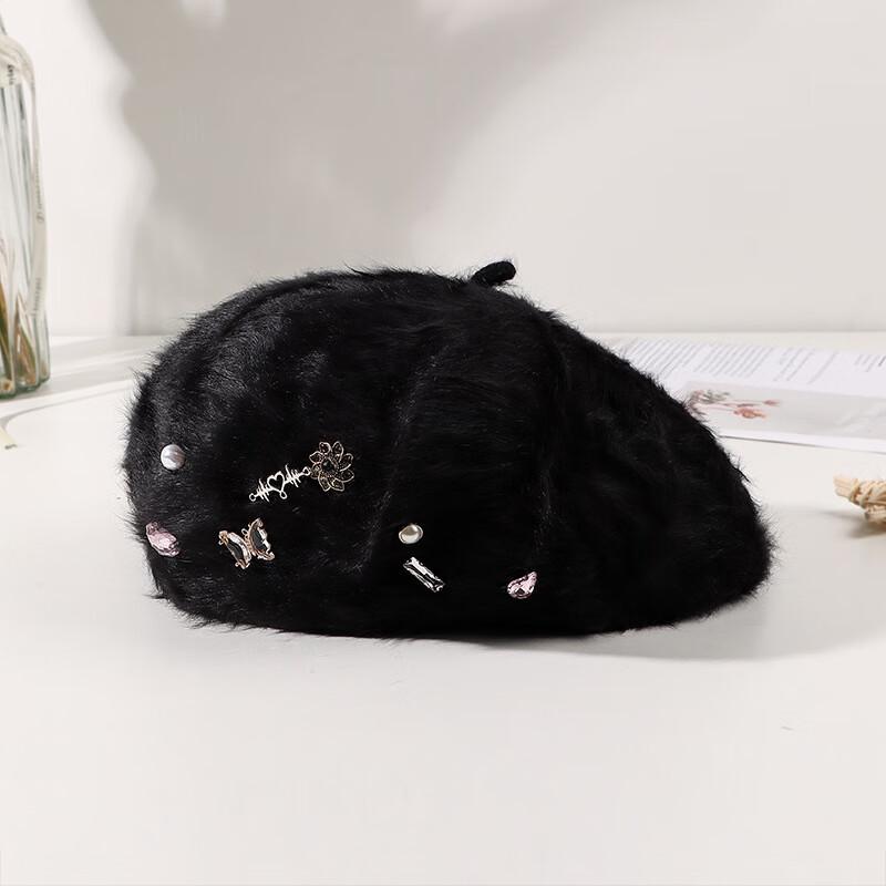 

Women s Rabbit Hair Beret with Butterfly Rose Rhinestones