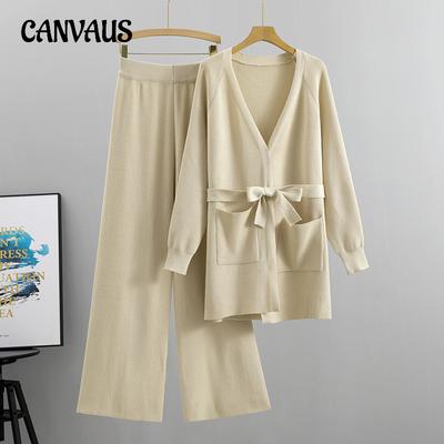 Spring and Autumn Women's Knitted Set Wide Leg Pants Knitted Cardigan Jacket Two Piece Loose Fashion