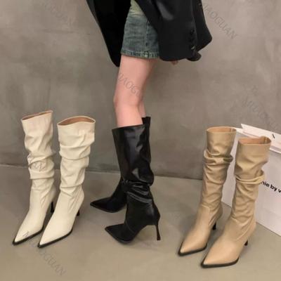 Oversized Barrel Circumference High-heeled Boots Girl Pointed Toe Knee High Wide Boots Women Shoes Solid Long Stacked Boots
