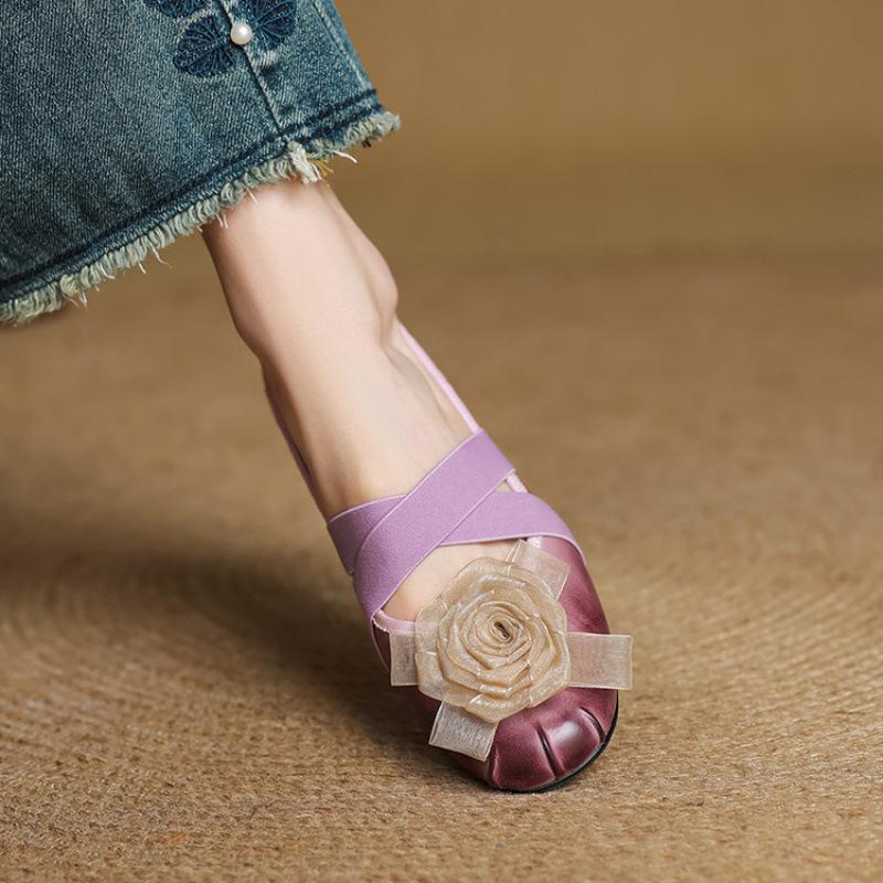 French women's four-season shoes retro casual single shoes spring new light mouth foot cover flower soft sole versatile apricot