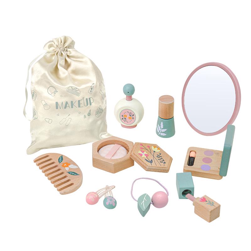 Korean-Style Wooden Makeup Toy Set for Girls: Colorful Eyeshadow, Powder, Lipstick & Perfume