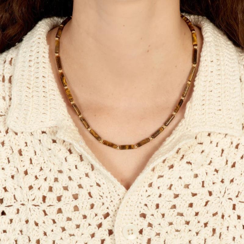Brown Tiger Stone Beaded Necklace Retro Fashion Choker Chain Unique Trendy Jewelry for Women Gift