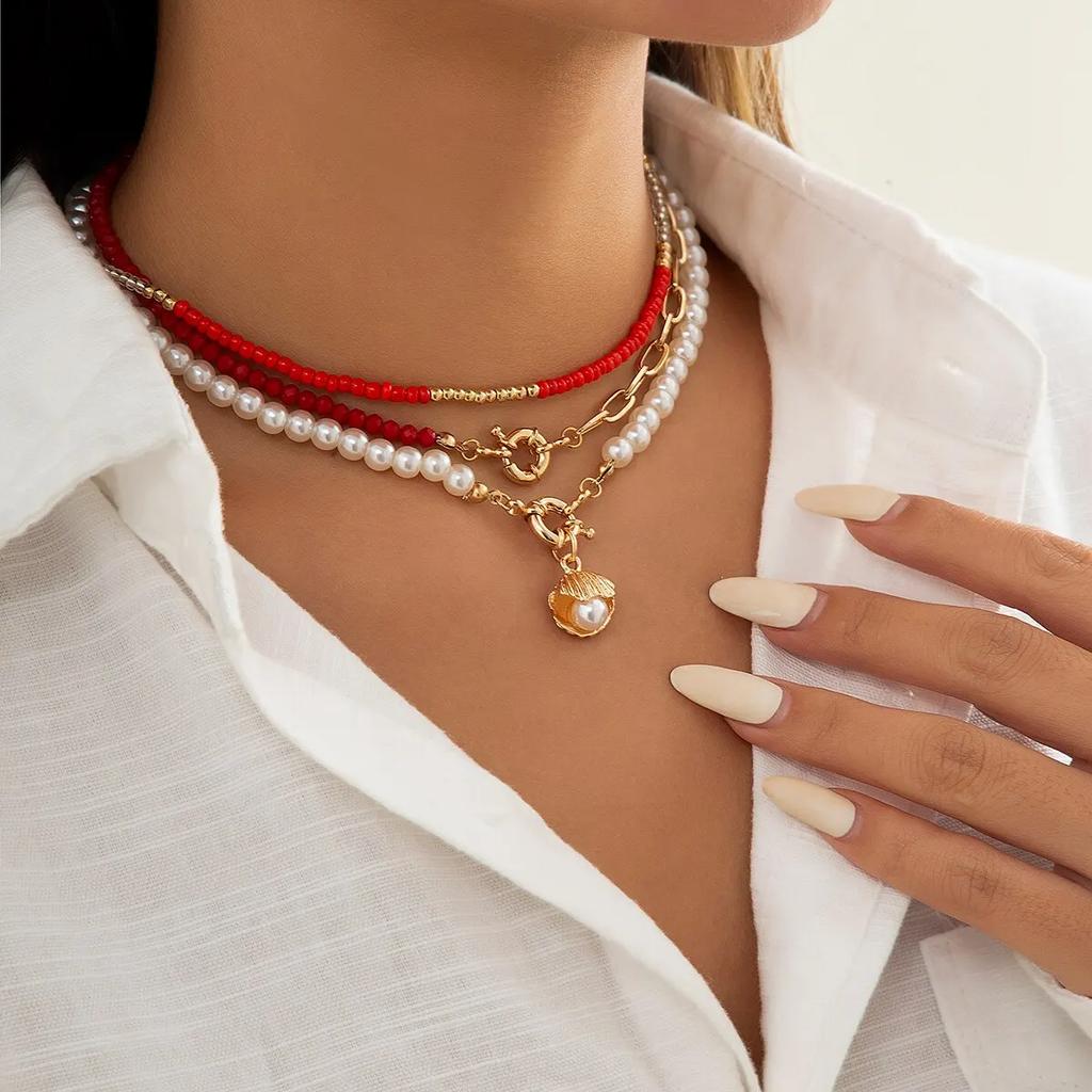 Boho Imitation-Pearl Colorful Seed Bead Chain Necklace for Women Summer Scallop OT Buckle Pendant Choker Jewelry Y2K Accessories