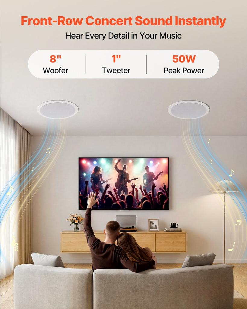 Bluetooth Ceiling Speakers, 203.2mm, In Ceiling & In-Wall Speaker System with Amplifier, 2-Way Flush Mount Speakers, for Damp Humid Placement, Home
