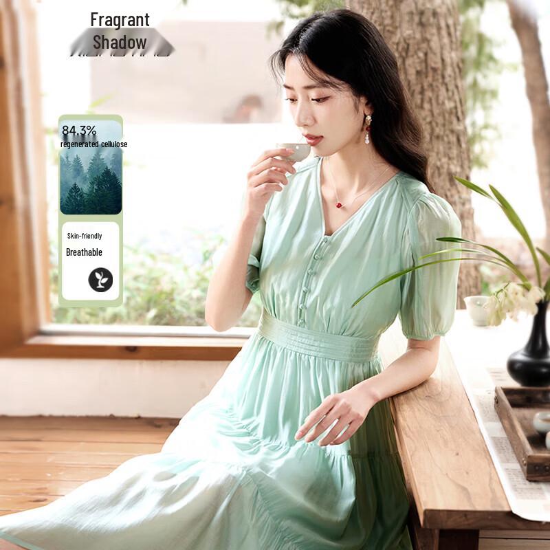 Xiangying Women s Green V-Neck French Style Midi Dress S