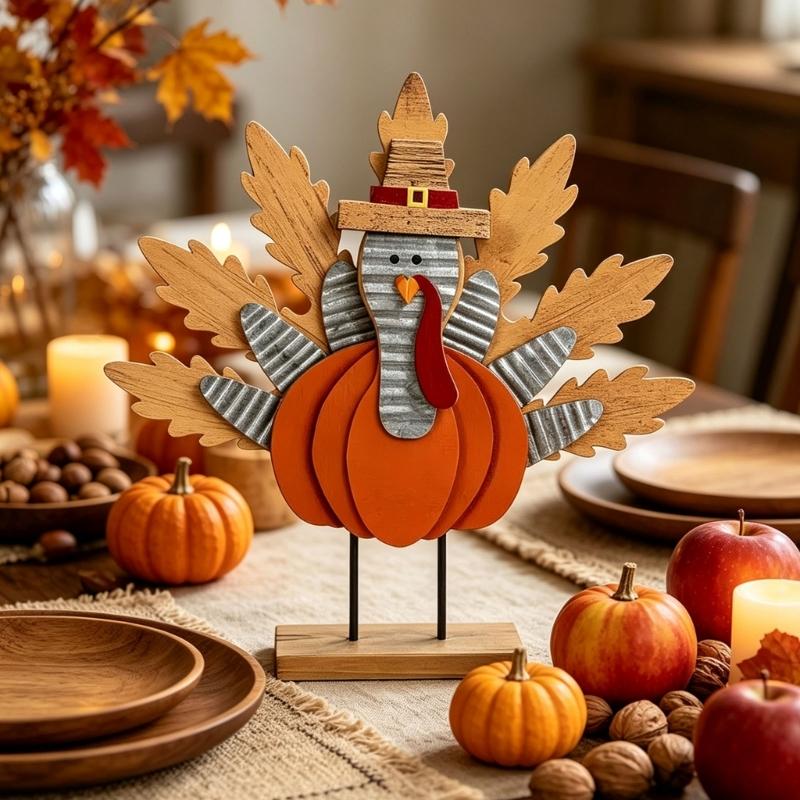 Thanksgiving Wooden Turkeys Decorations Indoor Turkey Figurines For Table Centerpieces Multi-Piece Harvest Decors with Pumpkin and Fall Foliage Motifs