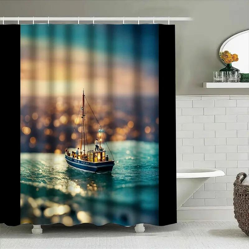 Boat Shower Curtainsea Life Scene For Bathroom Decor Waterproof Print Blue Light At Night Black Rod Pocket Design
