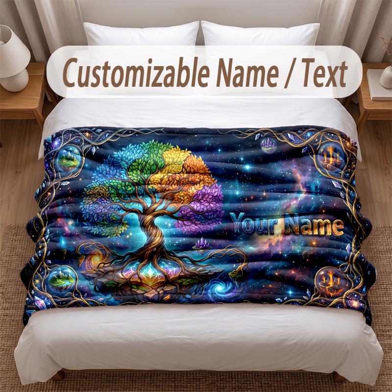 Tree of Life Theme Soft Blanket Personalized Custom Name Text Print Warm Blanket Home Sofa Bedroom Decor