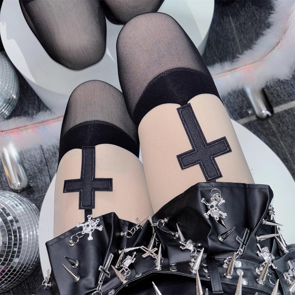 Gotische Leder Kreuz Frauen Hosenträger Socken Einfarbige Dünne Oberschenkelhohe Lolita Anime Cosplay Strumpfhalter Gotische Überknie Strümpfe