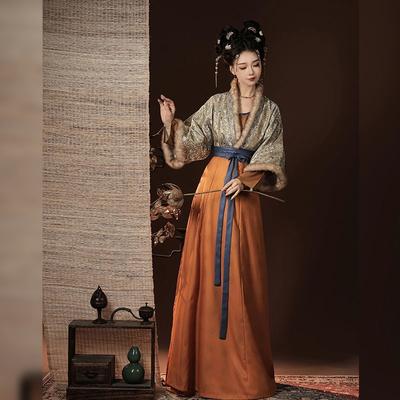 Hanfu oblek ve stylu čínské restaurace, imitující brokát dynastie Song, tang kalhoty a jednodílná sukně délky do pasu pro ženy
