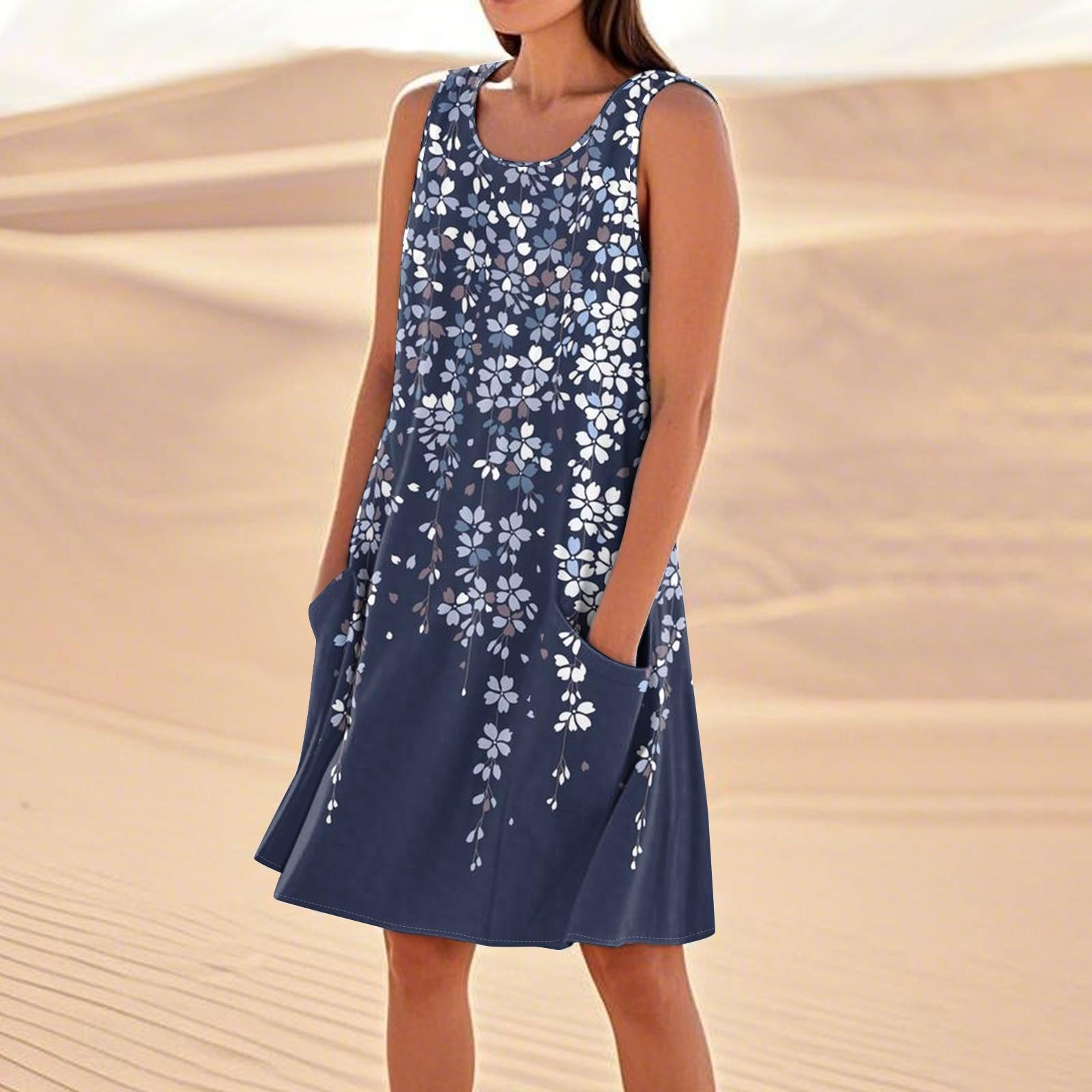 

Літні сукні для жінок Вільні пляжні повсякденні сарафани без рукавів з кишенями Сукня-майка XXXL