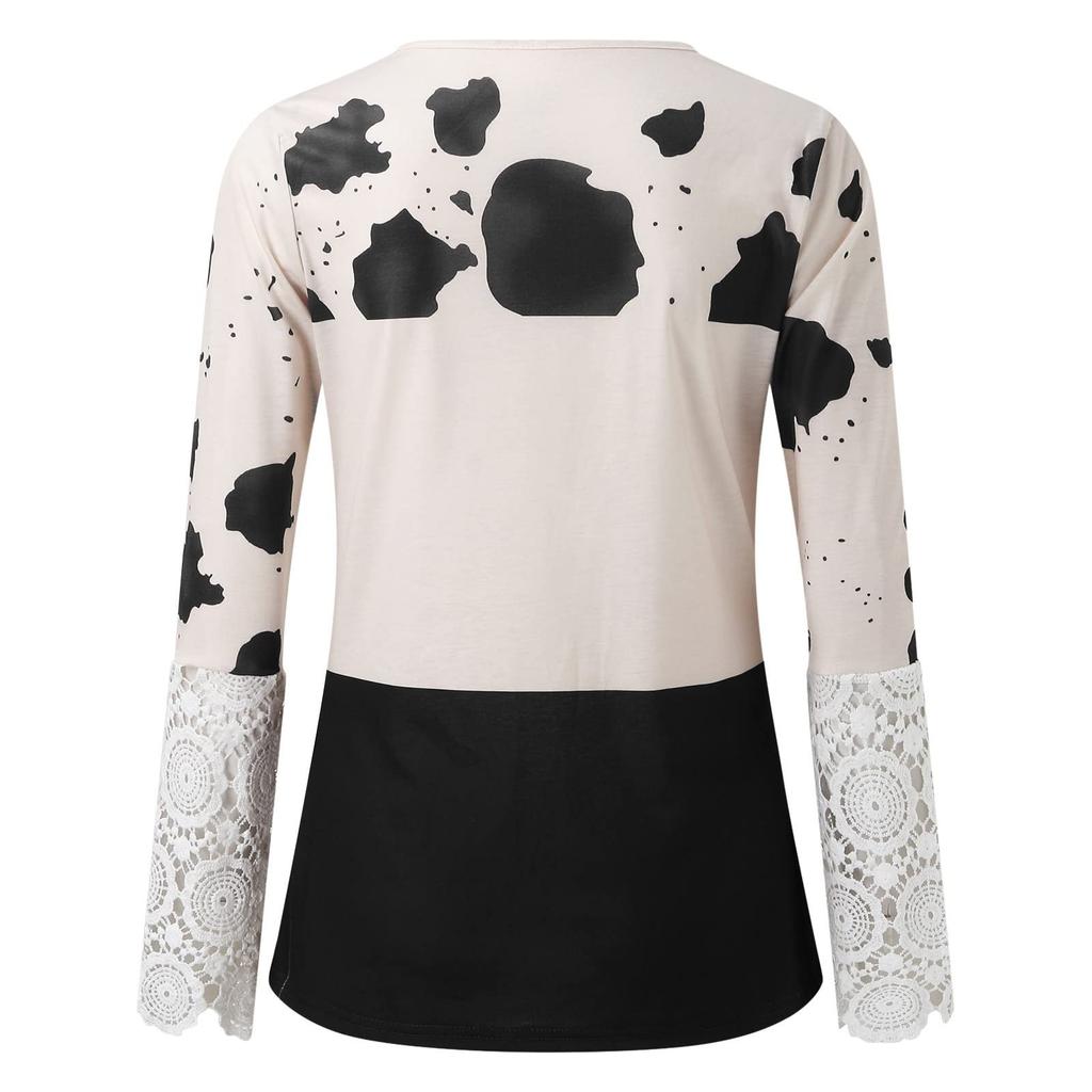 Women's Slim Fit Casual Cow Striped Lace Long Sleeve Top T-Shirt Blouse
