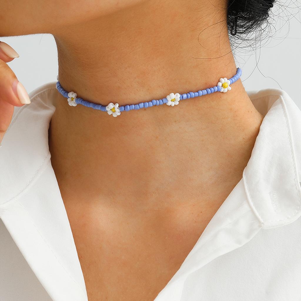 Jewelry, Simple Sweet And Cool Contrasting Color Beaded Necklace, Woven Flower Rice Bead Color Necklace For Women