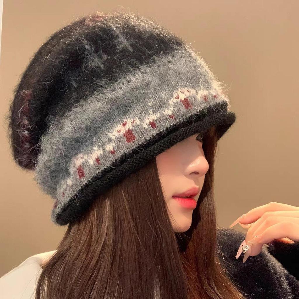 Jacquard Vintage Kniiting Wool Beanies For Women Autumn Winter Ear Protection Warm Cap Fashion Ethnic Anticold Pullover Hats