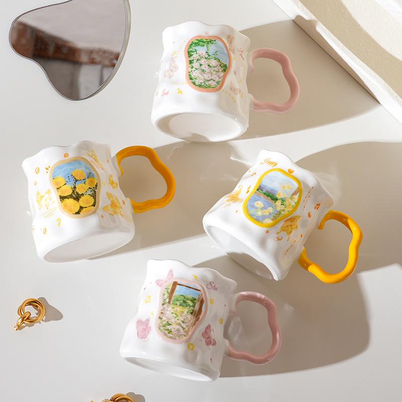 Oil Painting Wind Butterfly Love Flower Mug Coffee Cup Ceramic Water Cup Wind Breakfast Cup Girls Gift Niche