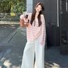 Rosa gestreifte Sonnencreme Langarm-Bluse T-Shirt Damen Frühling Sommer 2026 Neu Entspannter Fauler Stil Lockeres Oberteil