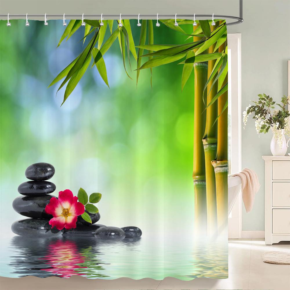 3D Flower Bamboo Pebble Water Green Plant Shower Curtain Waterproof Polyester Curtain Home Decoration Shower Curtain Zen Curtain