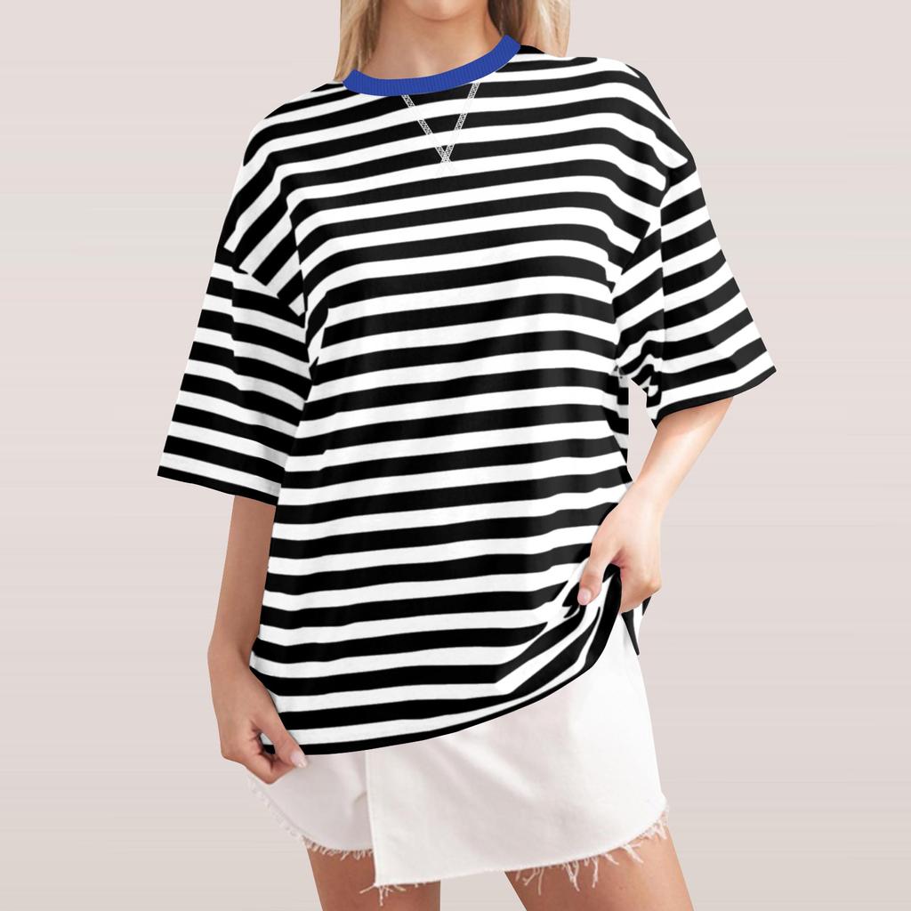 Women's Large Striped Color Blocking Short Sleeved Round Neck Sports Shirt Casual Loose Pullover Top