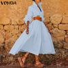 VONDA Elegant Women Lapel Neck Long Sleeve Casual Long Shirts Dress