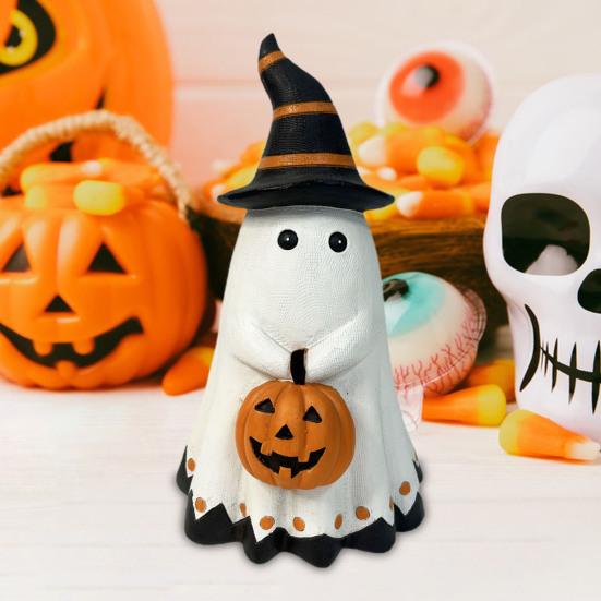 Halloweenská soška ducha Malý bílý duch s dýní Figurka Roztomilý duch Pryskyřičná stolní ozdoba pro vnitřní venkovní halloweenskou výzdobu