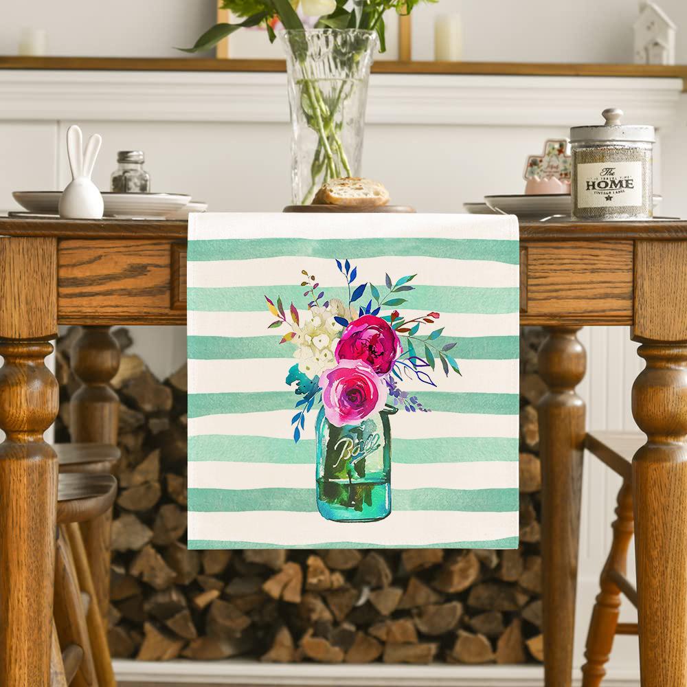 Hydrangea Butterfly Linen Table Runner - Colorful Floral Decor for Kitchen, Dining, or Party