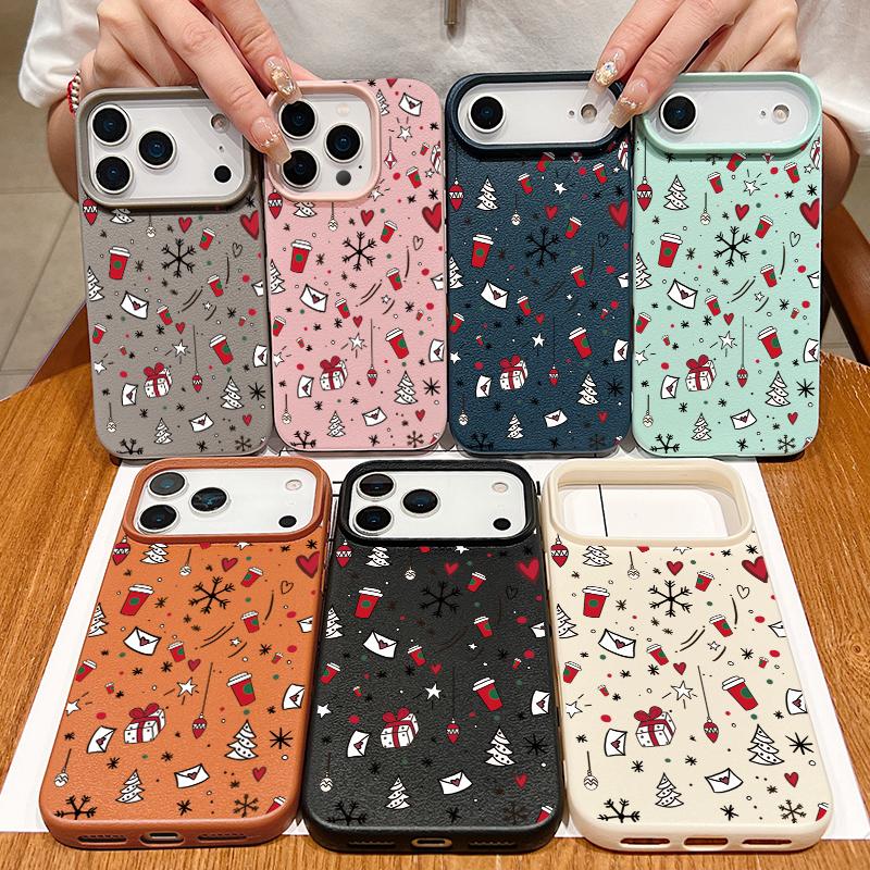 Full-Coverage Christmas Pattern iPhone Case for iPhone 17 16 15 14 Fro Max 13 Air - Festive Shockproof TPU Cover with PU Leather Texture