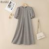 ZANZEA Women Casual Round Neck Short Sleeve Summer Plaid Print Dress
