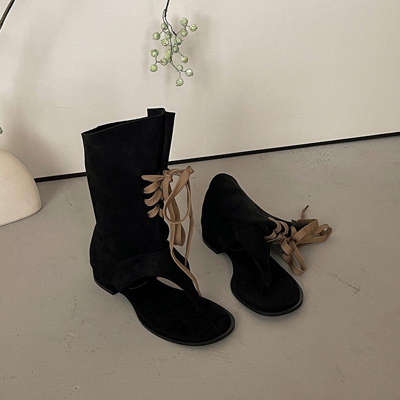 Versatile Niche Design Sense French Fashion Toe Cool Boots Women's 2025 Summer New Lace-up Thick Heel Thin Sandals