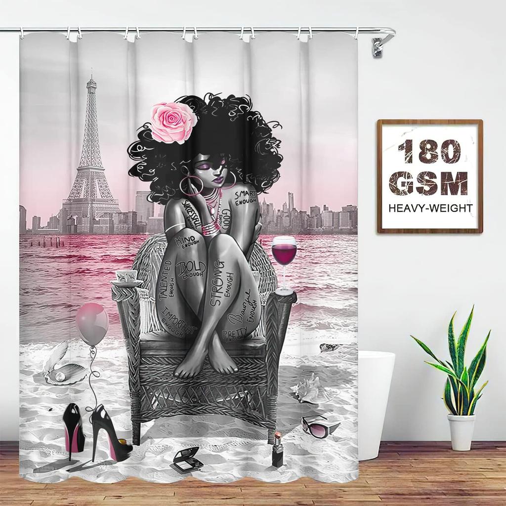 African American Girls Shower Curtain Waterproof Fabric Bathroom Decorative Shower Curtain Machine Washable with 12 Hooks